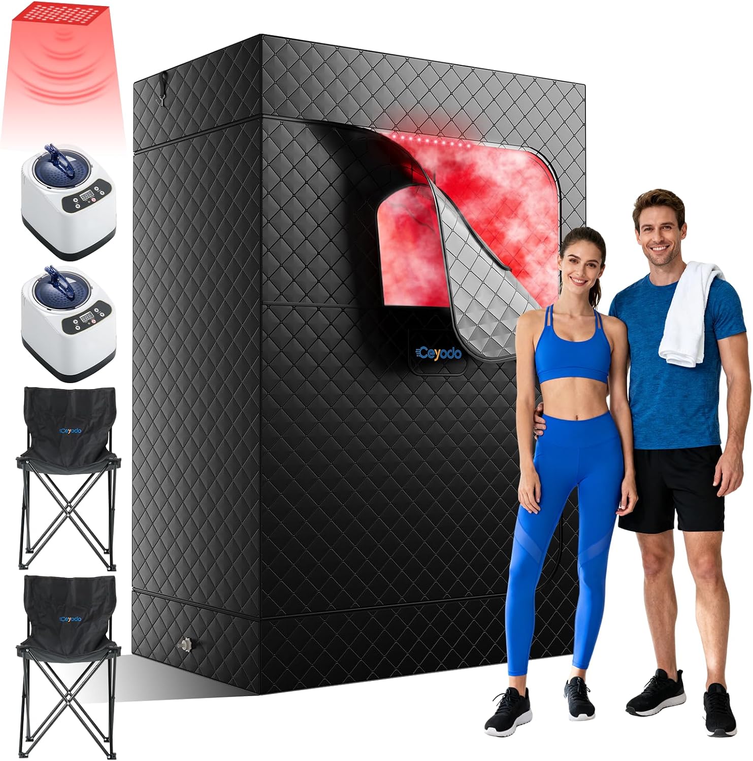Infrared Sauna Box, Portable Sauna with 660nm Red Light Therapy & 850nm,5-Layer Waterproof, 3L 1300W Steamer,Folding Chair (2 Person Sauna Box)